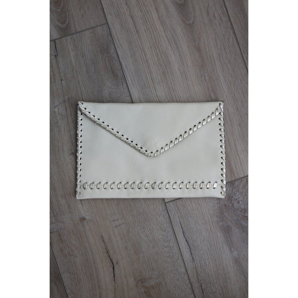 Laggo Cream Pebbled Leather Envelope Clutch Metallic Whipstitch Detail Bag